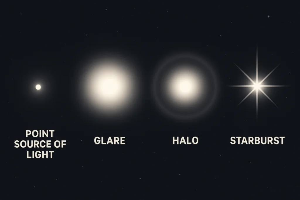 Point source of light vs Glare vs Halo vs Starburst